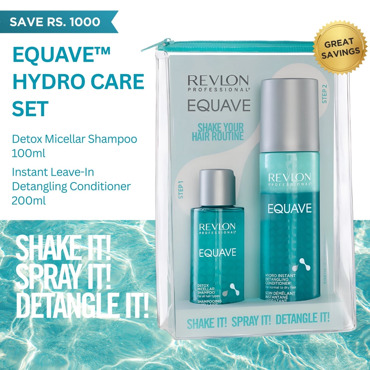 Revlon Professional EQUAVE™ Hydro Care Set: Deep Cleansing Detox Micellar Shampoo 100ml and Instant Detangling Conditioner 200ml