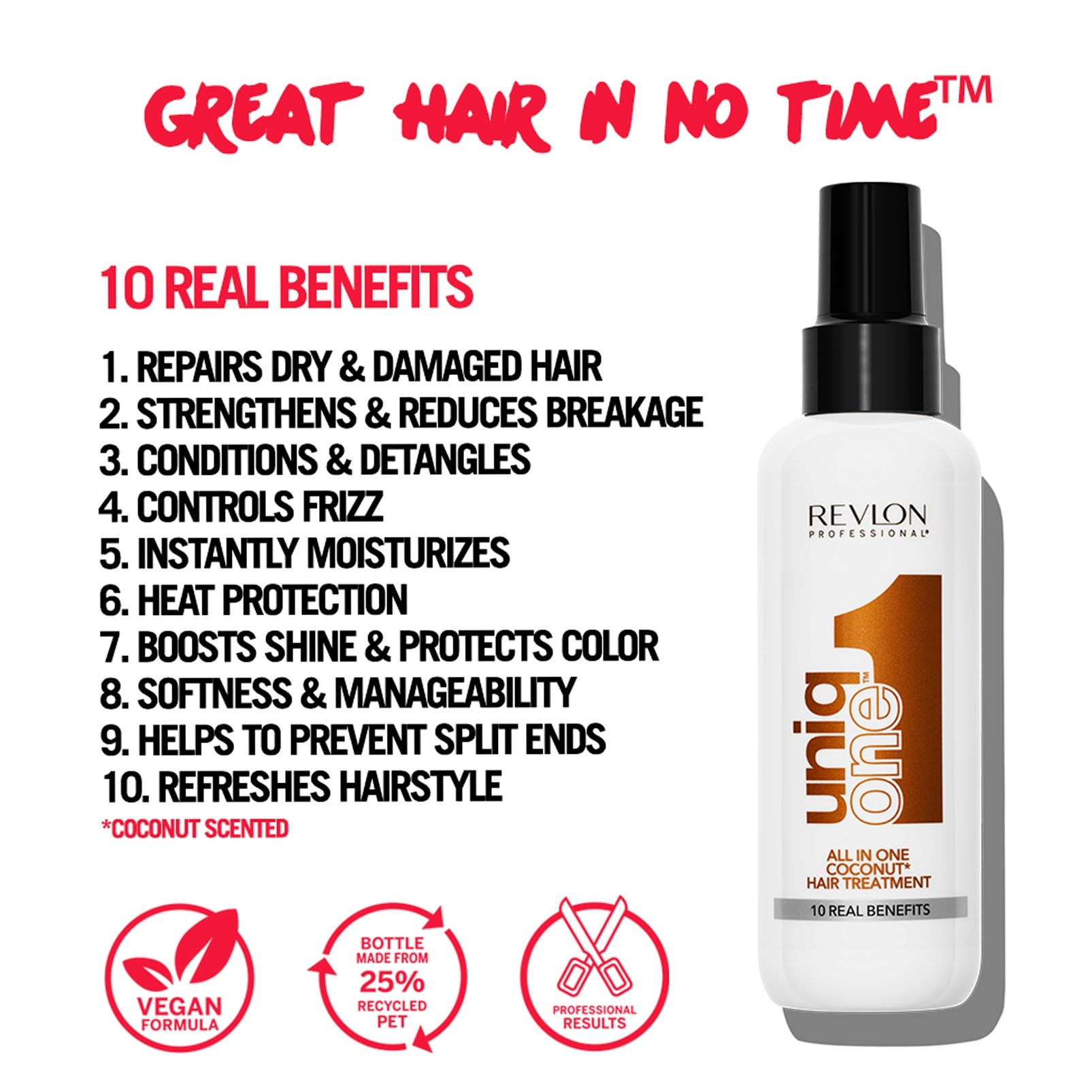 Revlon Professional UniqONE™ Repair Hair Spray Leave-In Treatment - 150ml - "All-in-One" 10 Benefits Hair Serum - Coconut Fragrance