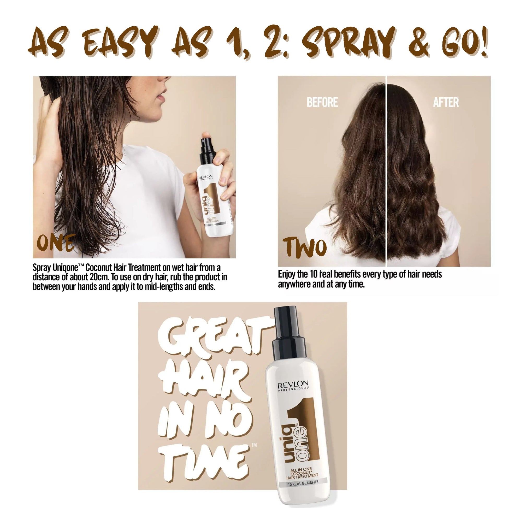 Revlon Professional UniqONE™ Repair Hair Spray Leave-In Treatment - 150ml - "All-in-One" 10 Benefits Hair Serum - Coconut Fragrance
