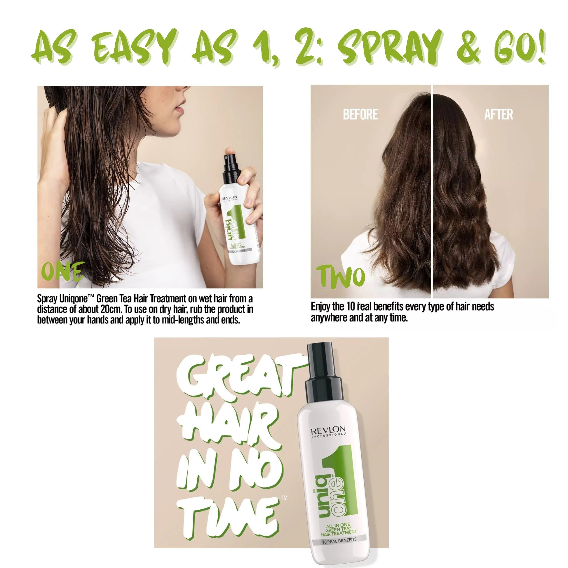 Revlon Professional UniqONE™ Repair Hair Spray Leave-In Treatment - 150ml - "All-in-One" 10 Benefits Hair Serum - Green Tea Fragrance